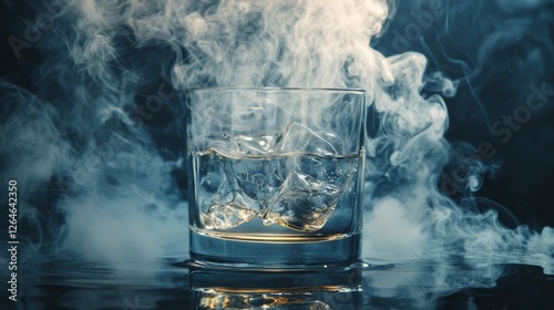 Ice cubes resting in a glass of clear liquid with swirling fog in a dimly lit environment during evening hours