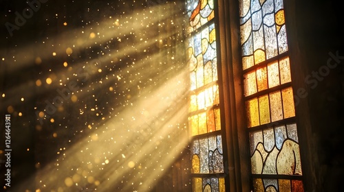 Sunlight streaming through stained glass windows  illuminating a serene interior with golden hues