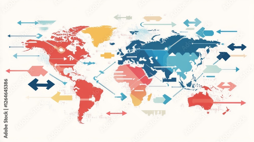 Fototapeta premium 48.A simplified vector world map with bold arrows stretching from Japan to multiple countries and continents, illustrating the far-reaching influence of Japan's economy, trade networks, and