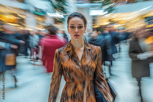 Obraz na płótnie Modern gekleidete Frau geht durch eine Menschenmenge, Bewegungsunschärfe, Generative AI w salonie