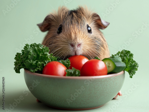 Guinea Pig Enjoying Fresh Vegetables from Branded Bowl – Light Green Background Promotes Healthy Pet Diets

