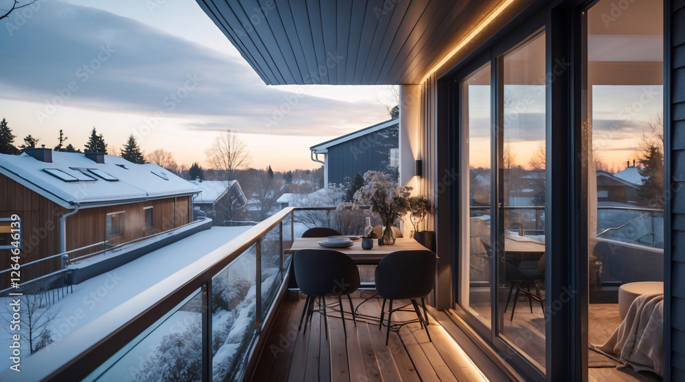 Fototapeta premium Elegant Scandinavian outdoor terrace with neutral furniture a comfy couch and a beautiful neighborhood view in the afternoon light Wallpaper Interior Design Inspiration