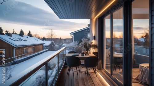 Elegant Scandinavian outdoor terrace with neutral furniture a comfy couch and a beautiful neighborhood view in the afternoon light Wallpaper Interior Design Inspiration