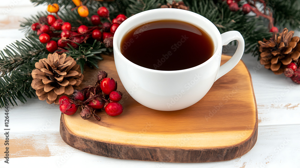 Winter Beverage Warmth White Cup with Berries and Pinecone Still Life Arrangement Holiday Mood Winter Beverage Warmth White Cup with Berries and Pinecone Still Life Arrangement Holiday Mood