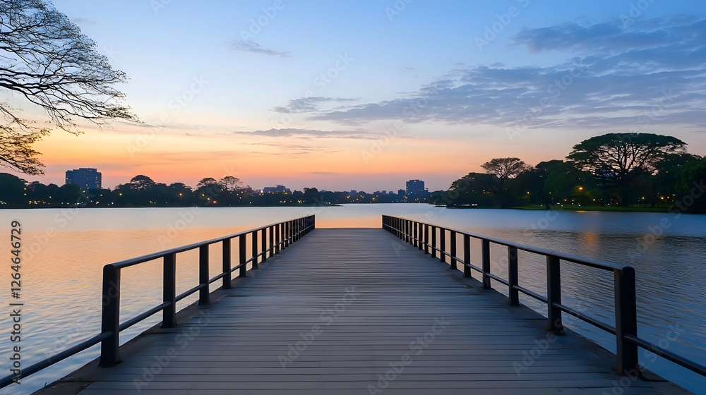Obraz premium Tranquil Sunrise Over Calm Lake With Wooden Bridge