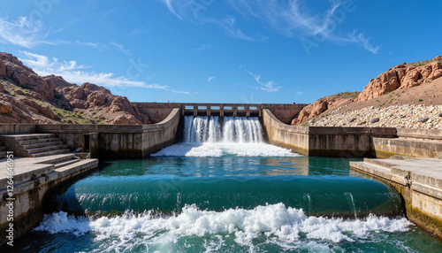 Water flowing from a dam against a blue sky
