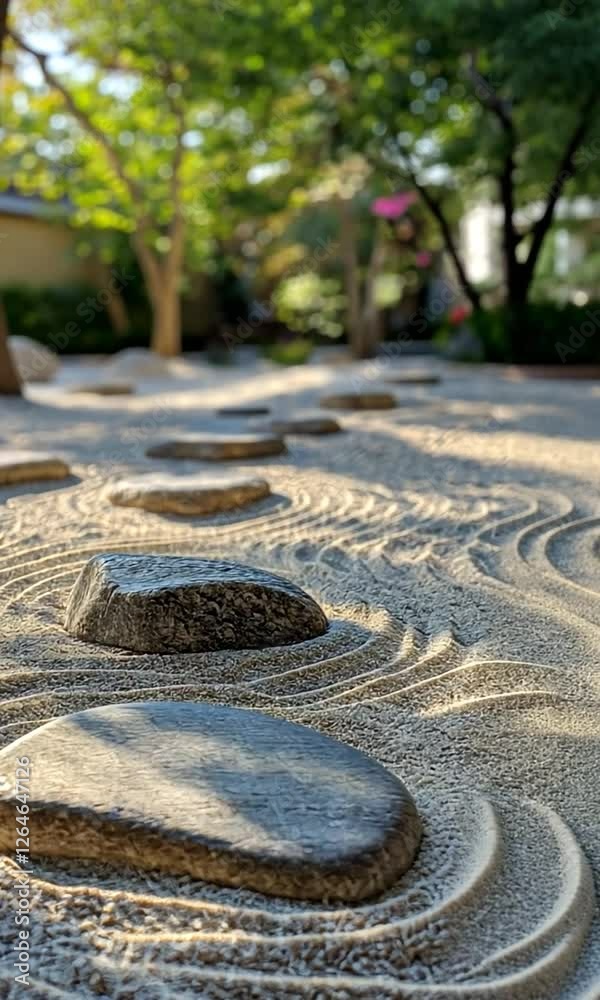 Serene garden path with stepping stones and raked sand Serene garden path with stepping stones and raked sand