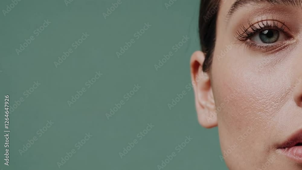 Half face portrait revealing flawless complexion of young woman with glowing, smooth skin posing elegantly in slow motion against vibrant green studio background