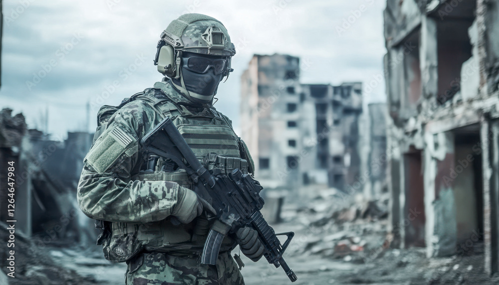 Soldat in voller Kampfausrüstung mit Helm, steht in einer völlig zerstörten Stadt, Generative AI
