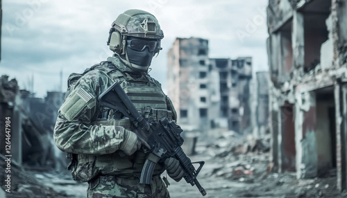 Obraz na płótnie Soldat in voller Kampfausrüstung mit Helm, steht in einer völlig zerstörten Stadt, Generative AI w salonie