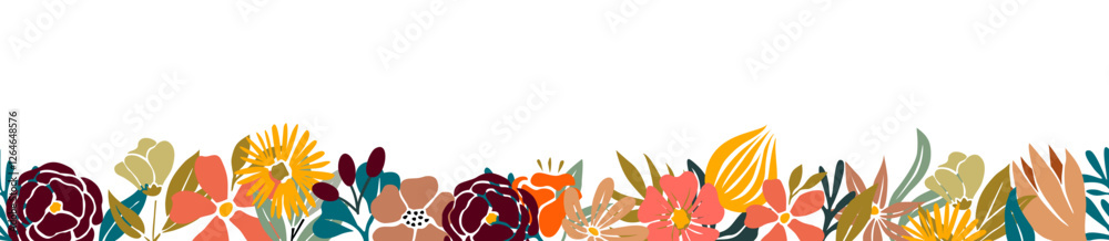 Fototapeta premium Abstract spring art floral banner, border, overlay. Colorful flat vector illustration isolated on white background