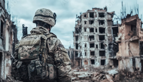 Obraz na płótnie Soldat in voller Kampfausrüstung mit Helm, steht in einer völlig zerstörten Stadt, Generative AI w salonie