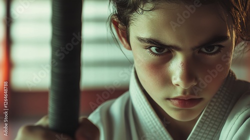 A close-up of a young martial artist gripping a bo staff, their intense gaze framed by a minimal dojo backdrop photo