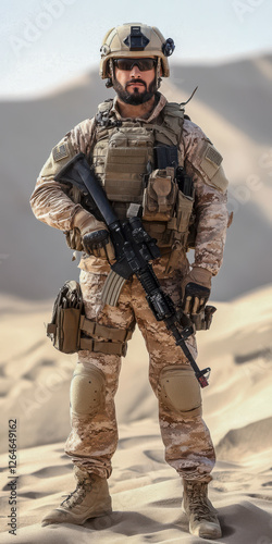 Obraz na płótnie Soldat in voller Kampfausrüstung mit Helm und Tuch über dem Mund, in der Wüste, Generative AI w salonie