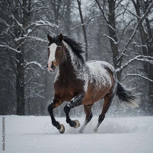 A powerful stallion galloping through knee-high snow with an empty background.
