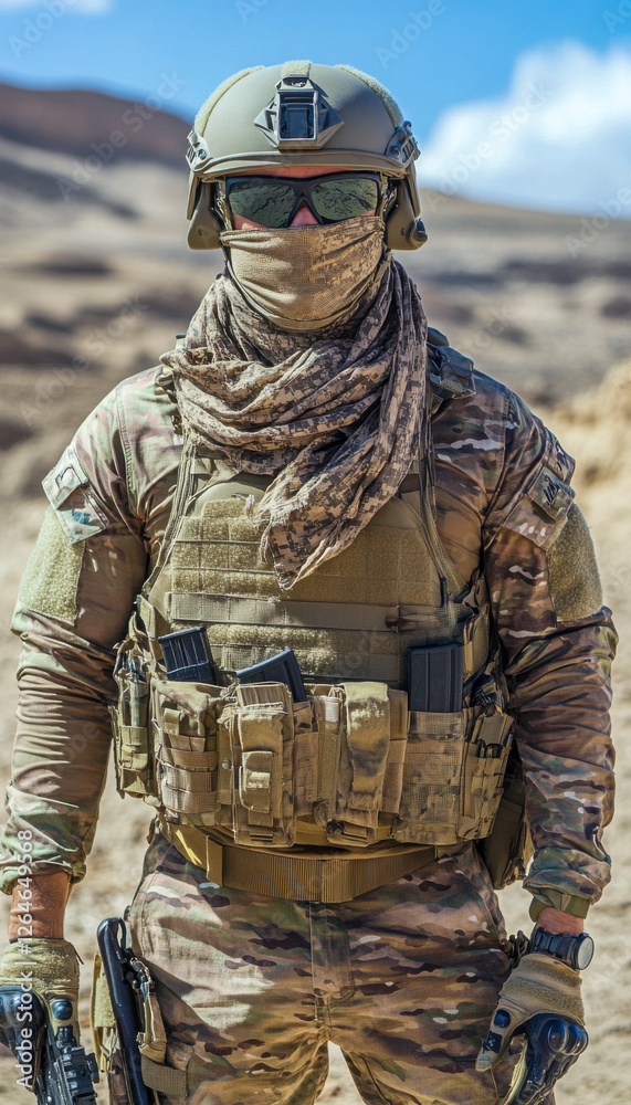 Soldat in voller Kampfausrüstung mit Helm und Tuch über dem Mund, in der Wüste, Generative AI