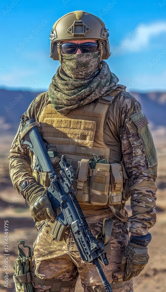 Soldat in voller Kampfausrüstung mit Helm und Tuch über dem Mund, in der Wüste, Generative AI