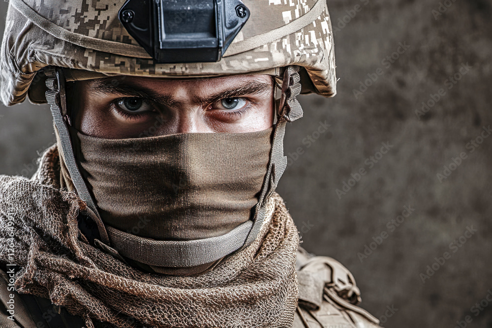Soldat in voller Kampfausrüstung mit Helm und Tuch über dem Mund, Generative AI
