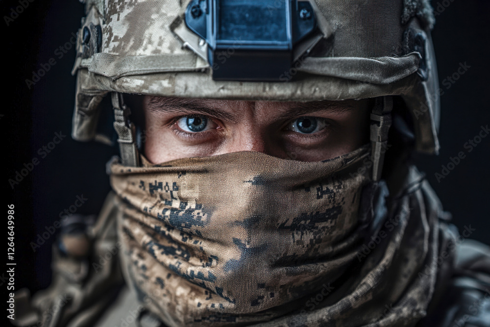 Soldat in voller Kampfausrüstung mit Helm und Tuch über dem Mund, Generative AI