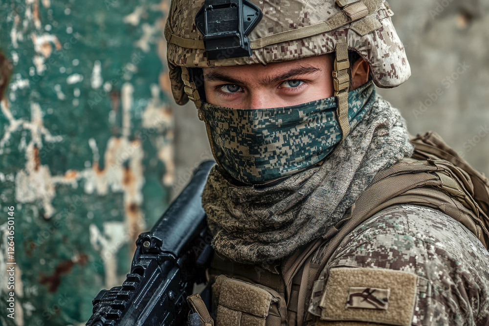 Soldat in voller Kampfausrüstung mit Helm und Tuch über dem Mund, Generative AI