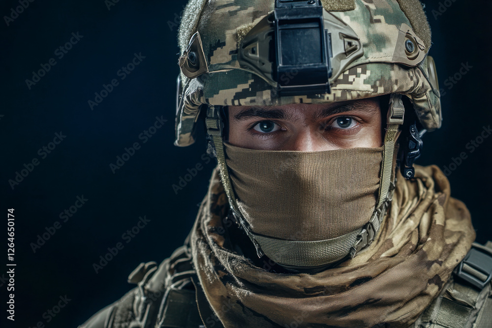 Soldat in voller Kampfausrüstung mit Helm und Tuch über dem Mund, Generative AI