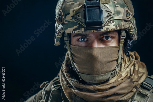 Obraz na płótnie Soldat in voller Kampfausrüstung mit Helm und Tuch über dem Mund, Generative AI w salonie