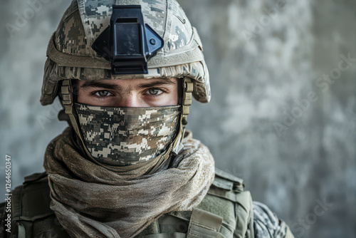 Soldat in voller Kampfausrüstung mit Helm und Tuch über dem Mund, Generative AI