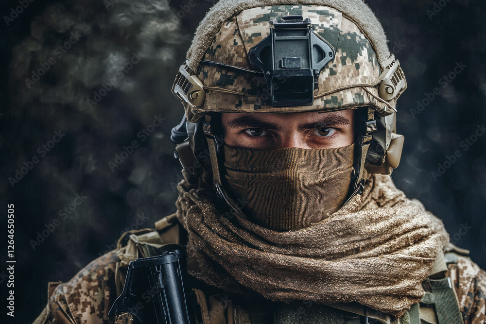 Soldat in voller Kampfausrüstung mit Helm und Tuch über dem Mund, Generative AI