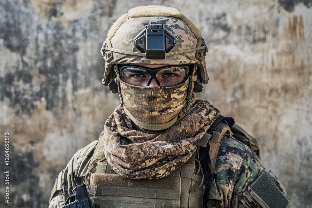 Soldat in voller Kampfausrüstung mit Helm und Tuch über dem Mund, Generative AI
