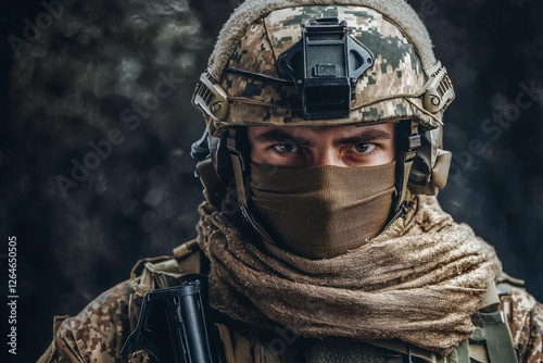 Soldat in voller Kampfausrüstung mit Helm und Tuch über dem Mund, Generative AI