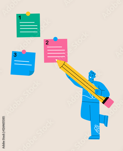 Man holding pencil categorized notes. Sorting important or urgency tasks. Colorful vector illustration