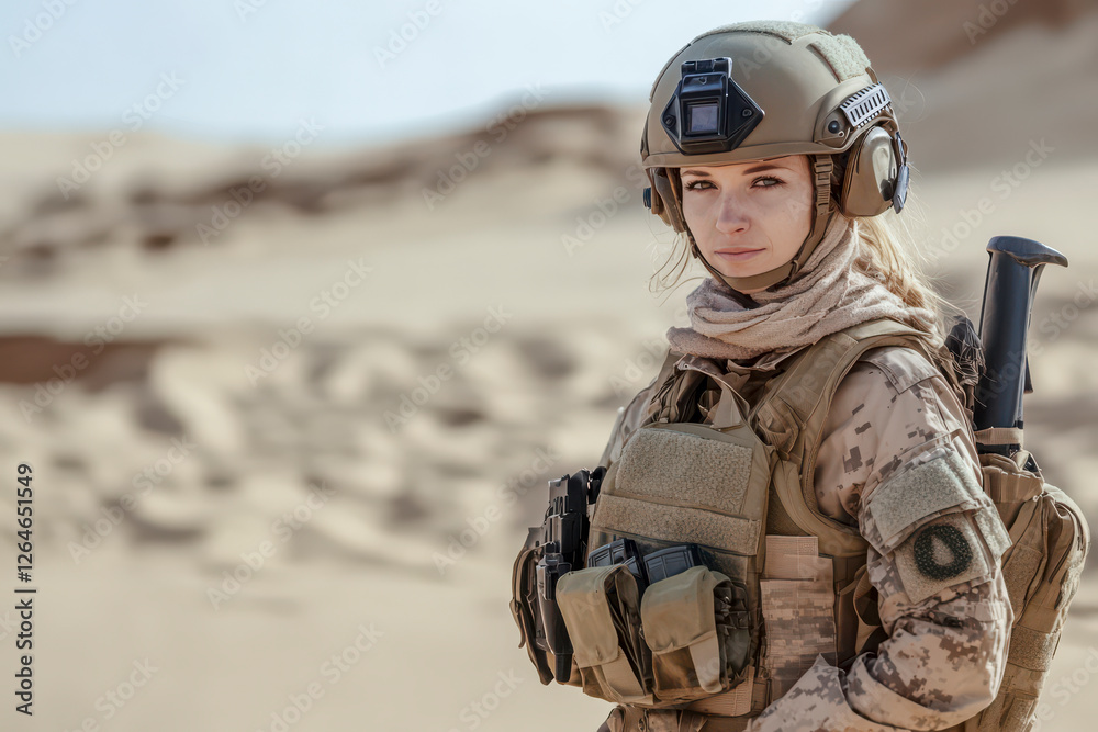 Frau, Soldatin in voller Kampfausrüstung mit Helm, in der Wüste, Generative AI
