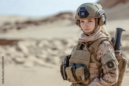 Obraz na płótnie Frau, Soldatin in voller Kampfausrüstung mit Helm, in der Wüste, Generative AI w salonie