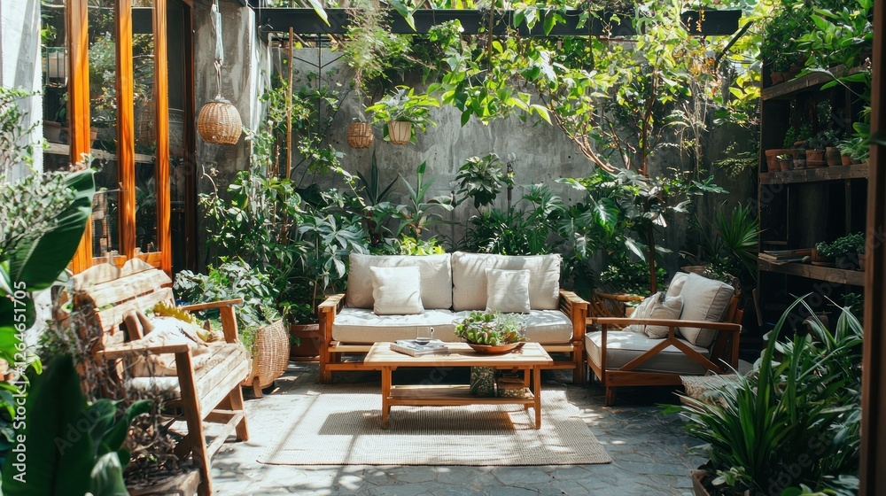Fototapeta premium Serene Garden Patio Oasis: Tranquil Wooden Furniture Amidst Lush Greenery