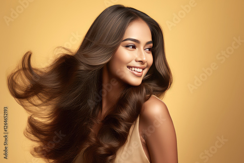 Beautiful woman with shiny hair on yellow background.
