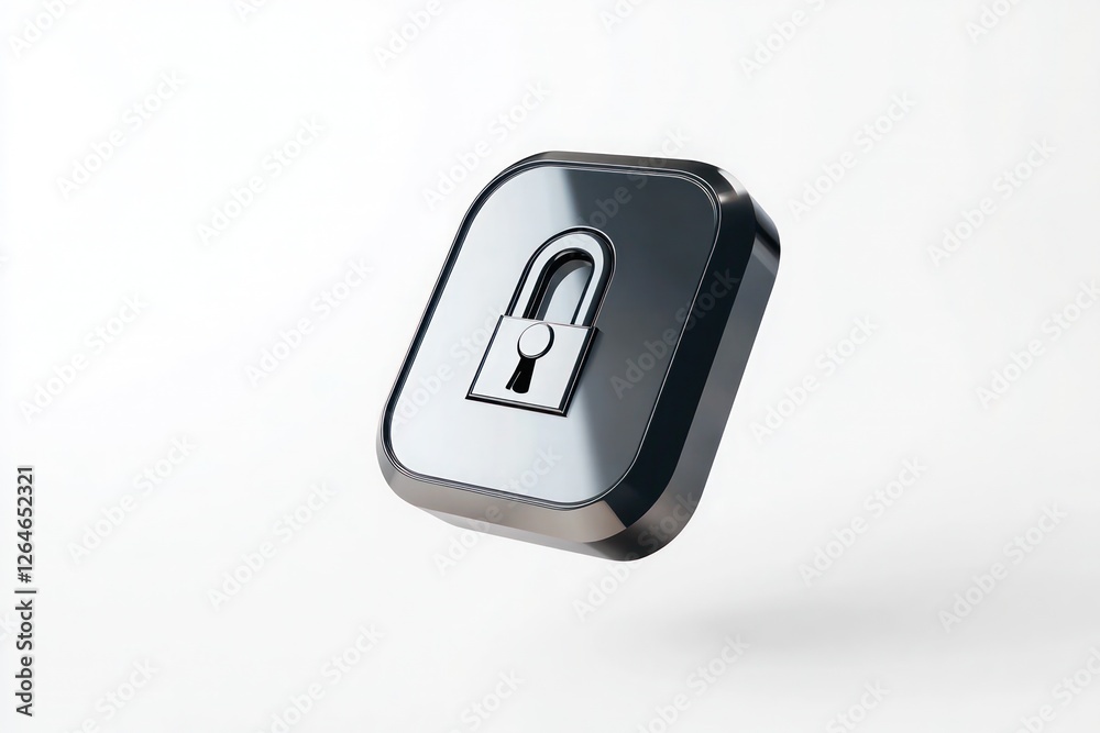 A sleek metallic lock icon floating isolated on a solid white background A sleek metallic lock icon floating isolated on a solid white background