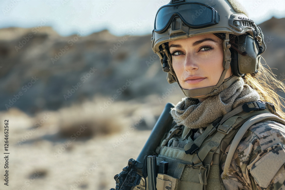 Soldatin in voller Kampfausrüstung mit Helm, steht in einer völlig zerstörten Stadt, Generative AI