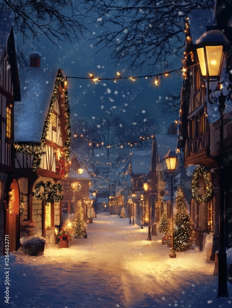 Fototapeta premium Snow covered village street adorned for christmas at nighttime