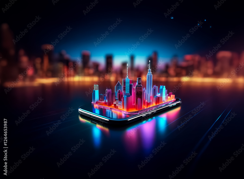 Obraz premium Vibrant neon city skyline sits atop a reflective phone, set against a blurred cityscape at night, glowing with blue, red, and purple hues.