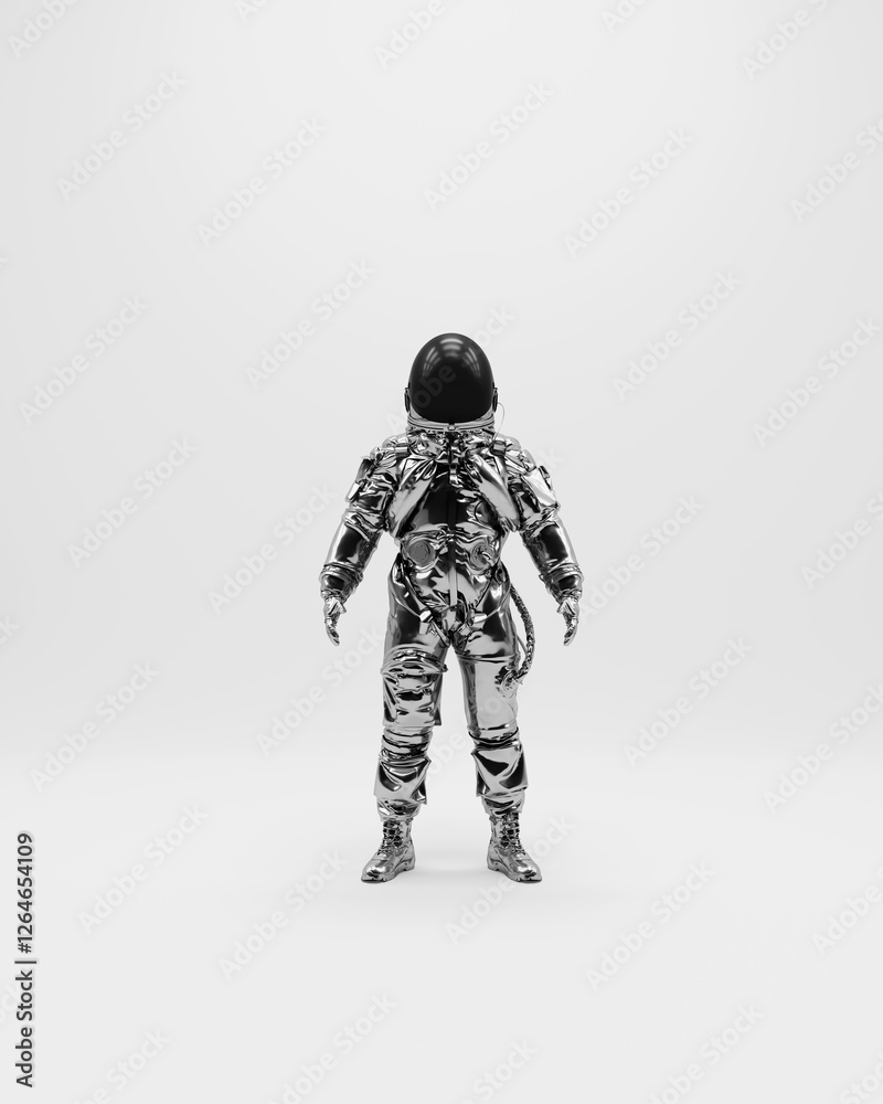 Astronaut spaceman silver black white monochrome space helmet suit exploration futuristic front 3d illustration Astronaut spaceman silver black white monochrome space helmet suit exploration futuristic front 3d illustration
