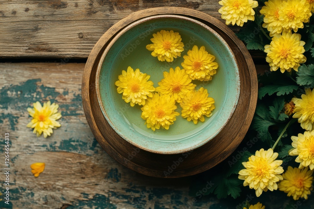 Chrysanthemum Tea. Refreshing Floral Aroma in Closeup Yellow Cup on Old Wooden Background Chrysanthemum Tea. Refreshing Floral Aroma in Closeup Yellow Cup on Old Wooden Background
