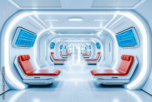 Fototapeta Naklejka Na Ścianę i Meble -  A futuristic space station with red and white seats