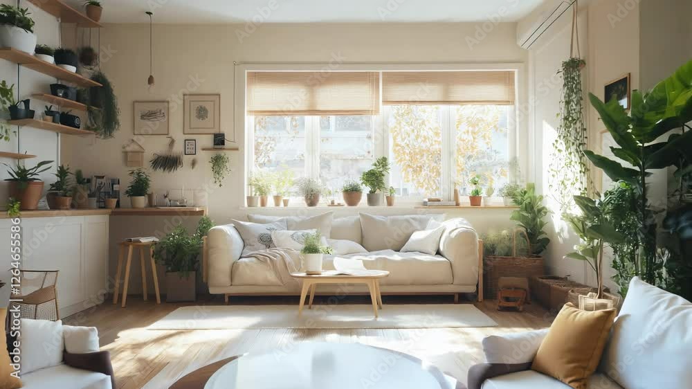 A charming living area showcases a plush sofa surrounded by thriving plants, bathed in warm sunlight streaming through large windows. The atmosphere invites relaxation and tranquility. A charming living area showcases a plush sofa surrounded by thriving plants, bathed in warm sunlight streaming through large windows. The atmosphere invites relaxation and tranquility.