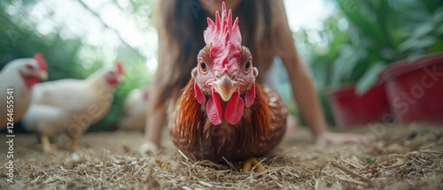 A chicken with a red comb and wattle sits on straw in front of a person. photo