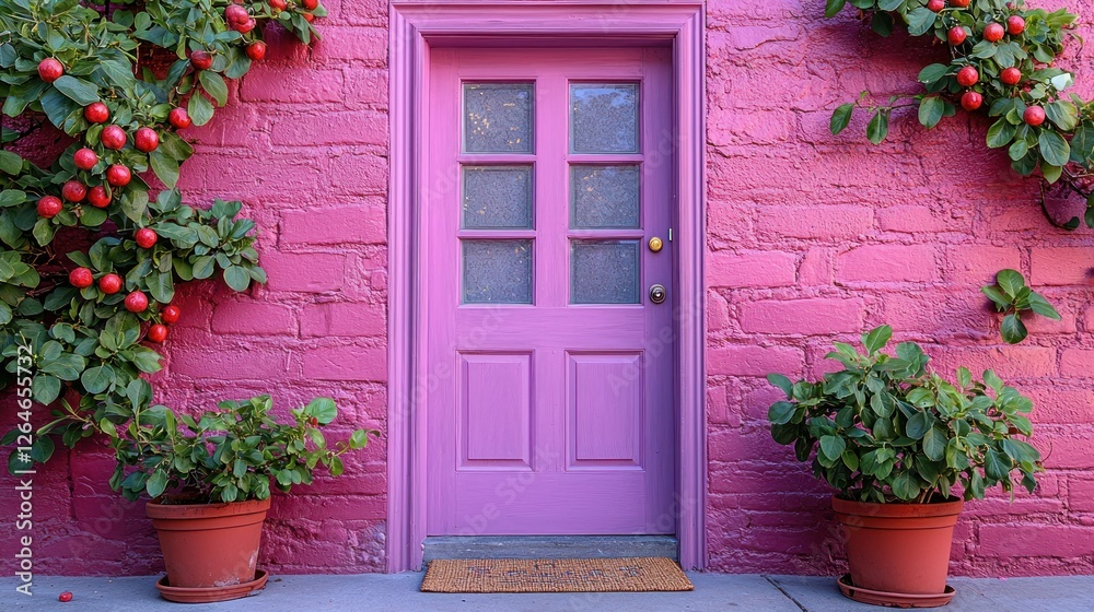 Naklejka premium Pink Brick House with Purple Door and Potted Plants
