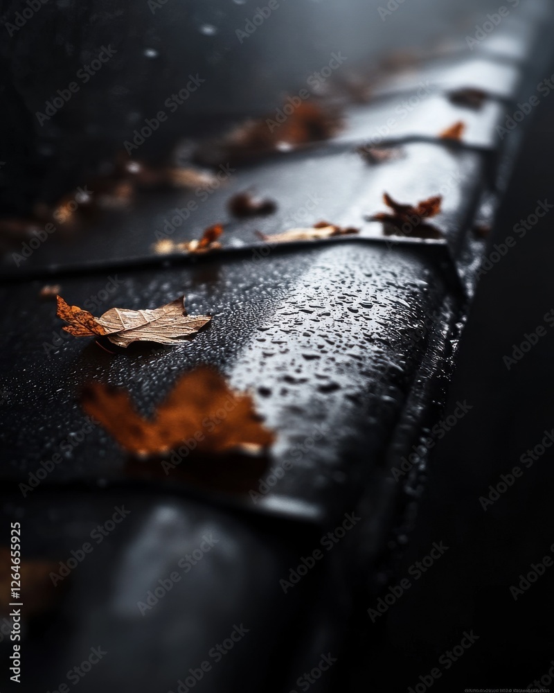 Autumn Leaves in Roof Gutters, Close-Up Details with Minimalist Aesthetic Autumn Leaves in Roof Gutters, Close-Up Details with Minimalist Aesthetic