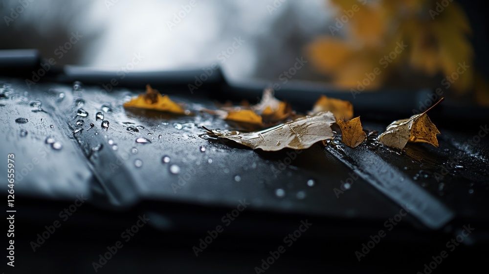 Autumn Leaves in Roof Gutters, Close-Up Details with Minimalist Aesthetic Autumn Leaves in Roof Gutters, Close-Up Details with Minimalist Aesthetic