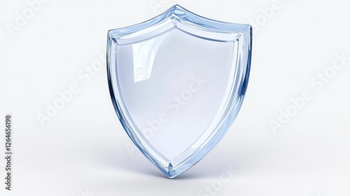 Crystal clear 3D shield icon floating on solid white background high definition realism