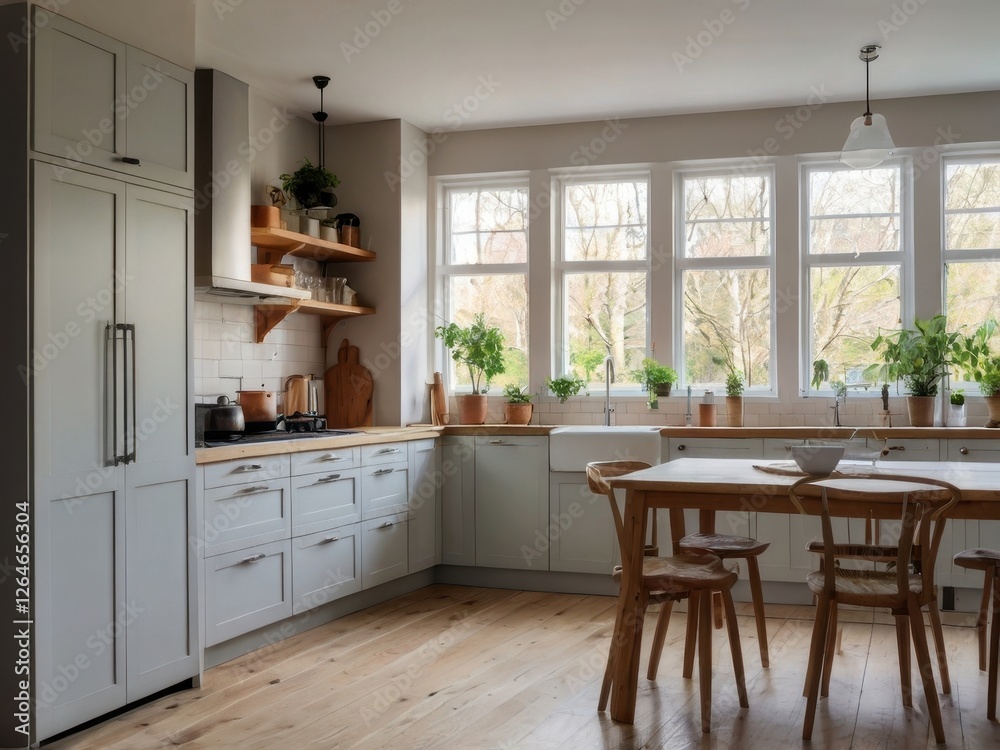 Fototapeta premium Bright spacious kitchen features plants light wood and gray cabinets