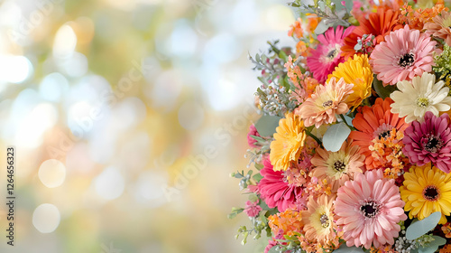 Colorful gerbera bouquet, spring garden backdrop, gift, celebration